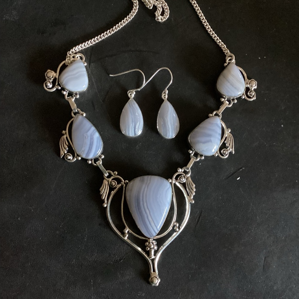 925 Sterling & 5 Blue Lace Agates Angel Wing Necklace & Earrings Demi Parure